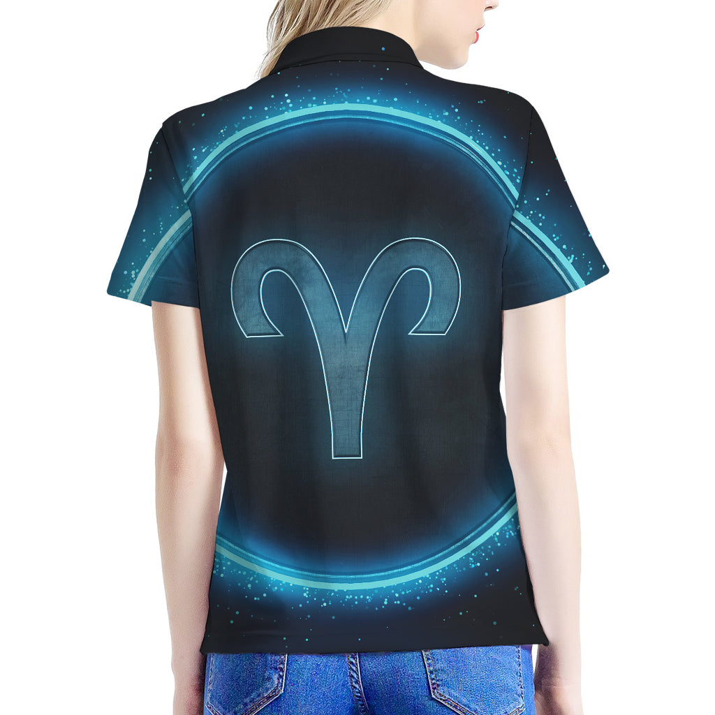 Blue Aries Zodiac Sign Print Women's Polo Shirt