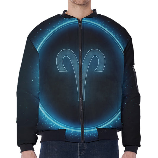 Blue Aries Zodiac Sign Print Zip Sleeve Bomber Jacket