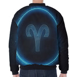 Blue Aries Zodiac Sign Print Zip Sleeve Bomber Jacket