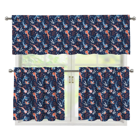 Blue Axolotl Pattern Print 3 Piece Kitchen Curtains