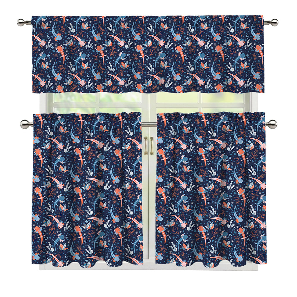 Blue Axolotl Pattern Print 3 Piece Kitchen Curtains