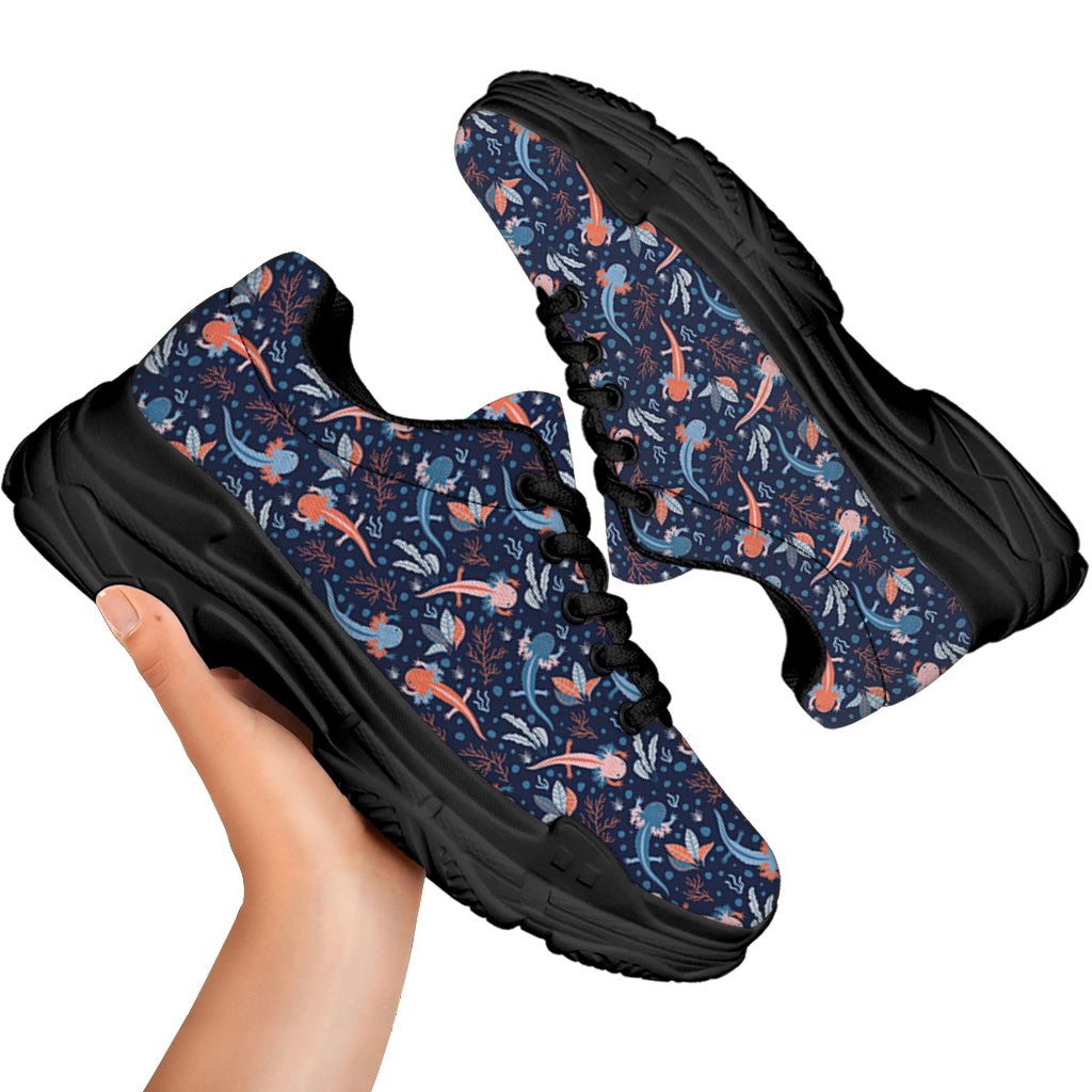 Blue Axolotl Pattern Print Black Chunky Shoes