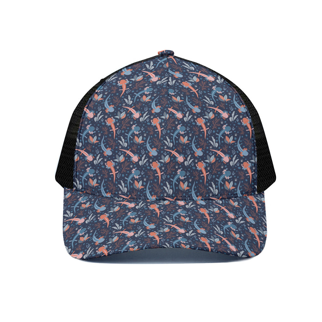 Blue Axolotl Pattern Print Black Mesh Trucker Cap