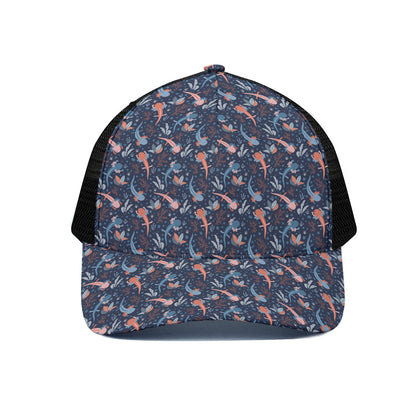 Blue Axolotl Pattern Print Black Mesh Trucker Cap