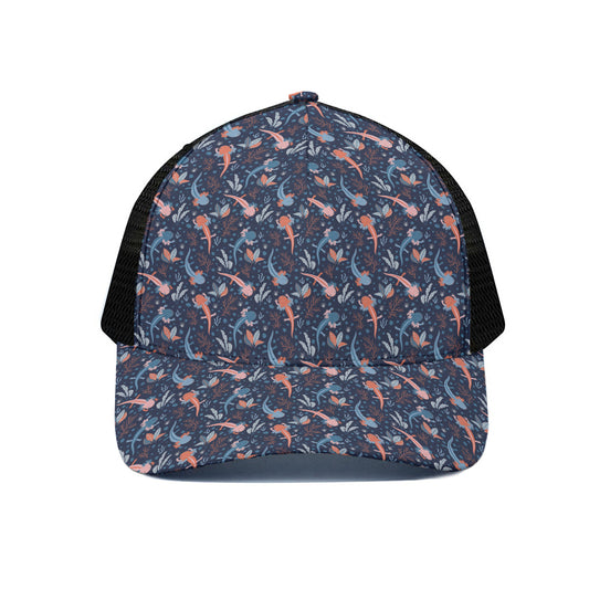 Blue Axolotl Pattern Print Black Mesh Trucker Cap