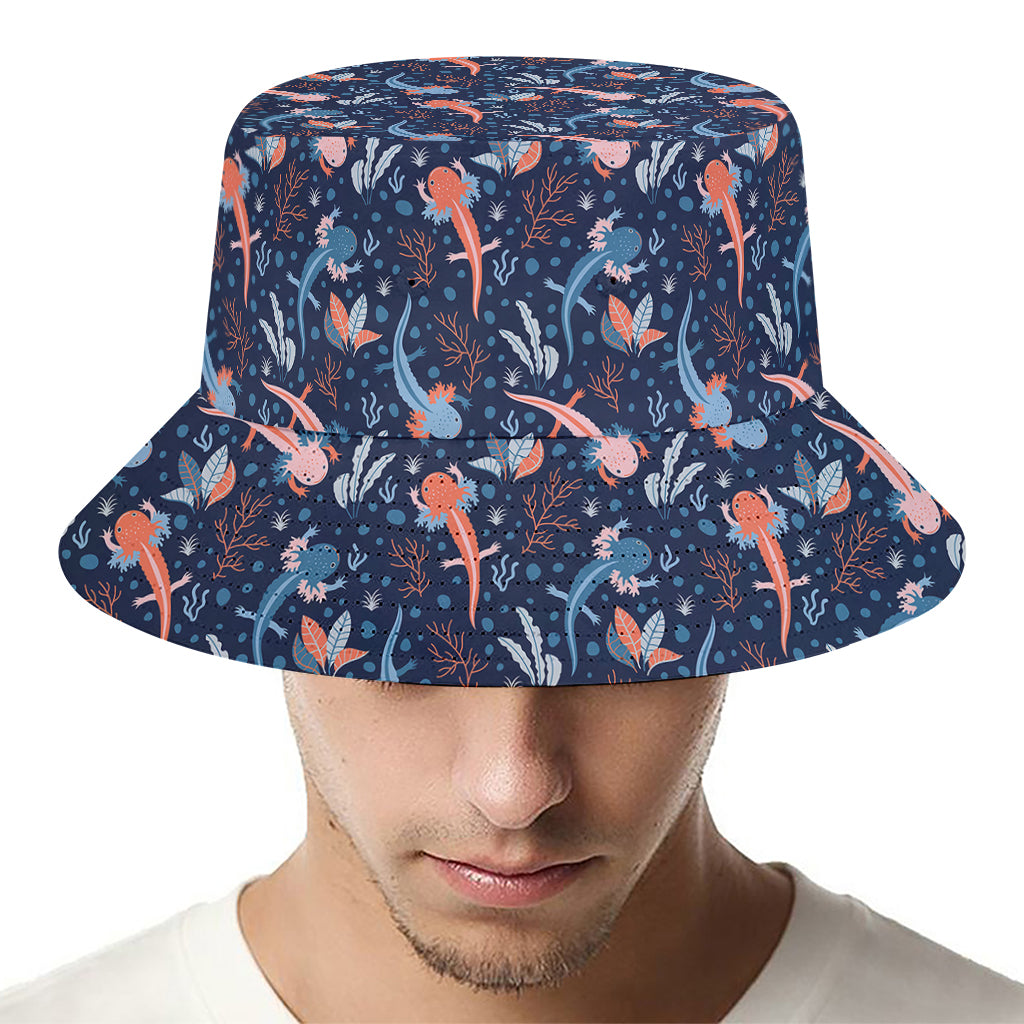 Blue Axolotl Pattern Print Bucket Hat