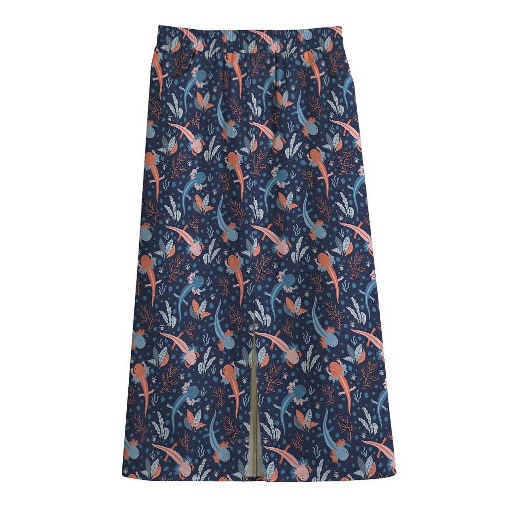 Blue Axolotl Pattern Print Cotton Front Slit Maxi Skirt