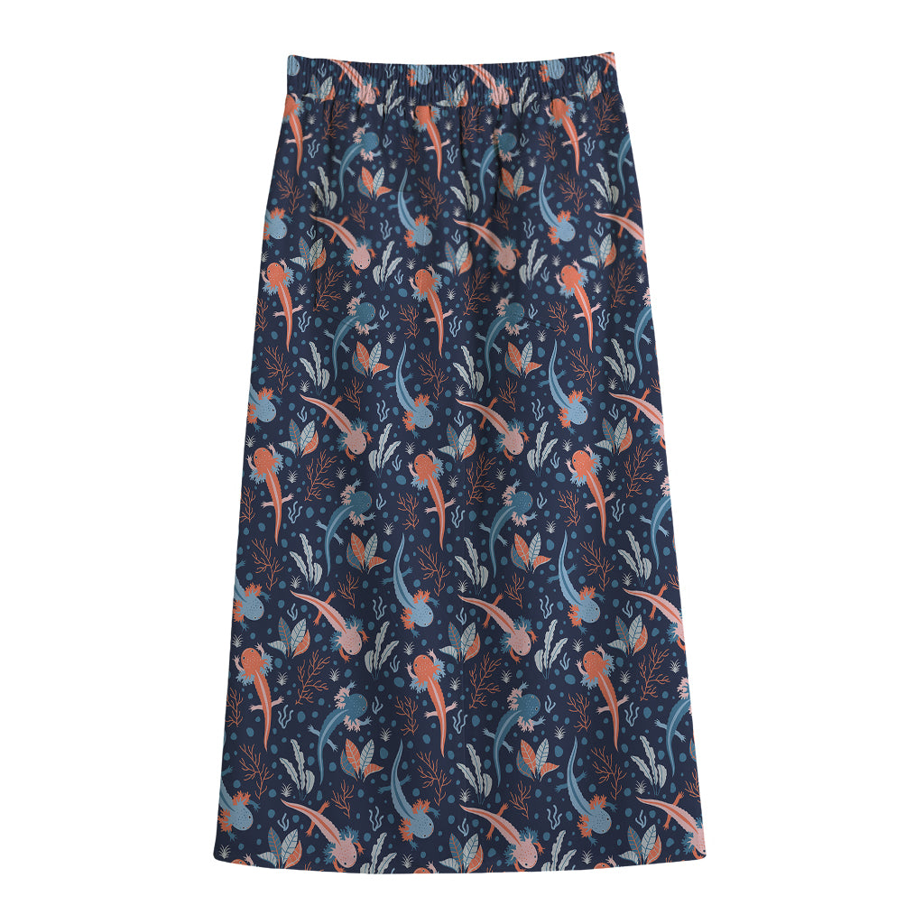 Blue Axolotl Pattern Print Cotton Front Slit Maxi Skirt