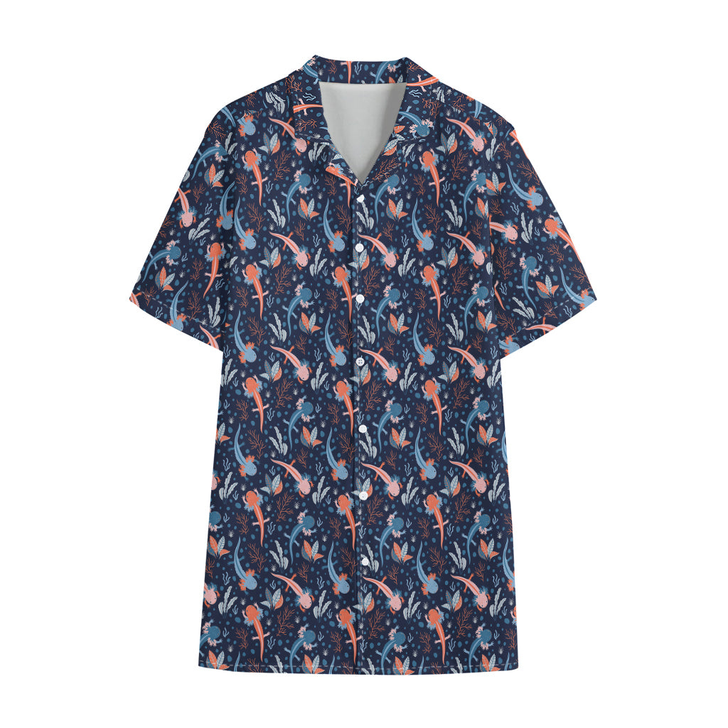 Blue Axolotl Pattern Print Cotton Hawaiian Shirt