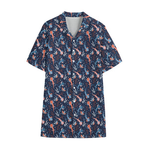 Blue Axolotl Pattern Print Cotton Hawaiian Shirt