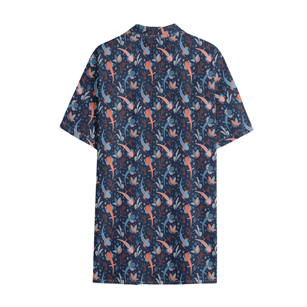 Blue Axolotl Pattern Print Cotton Hawaiian Shirt