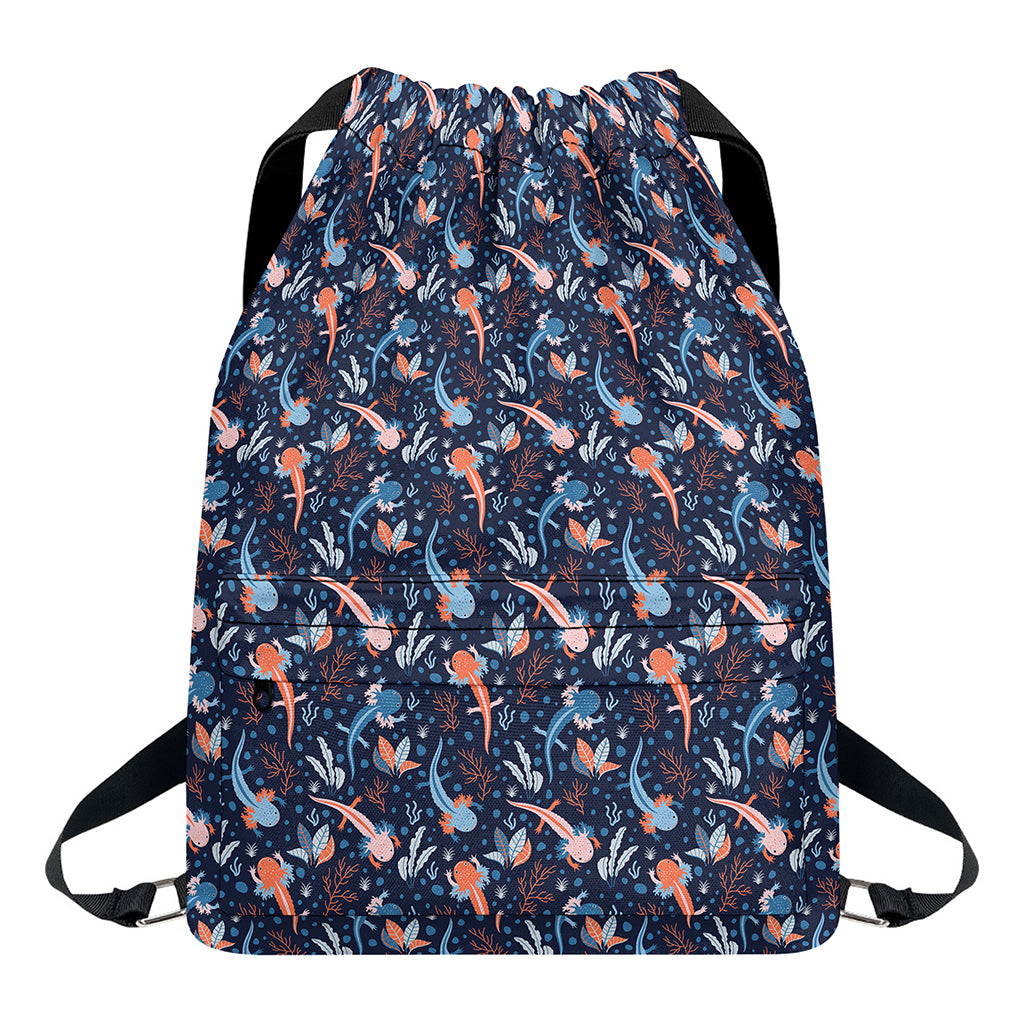 Blue Axolotl Pattern Print Drawstring Backpack