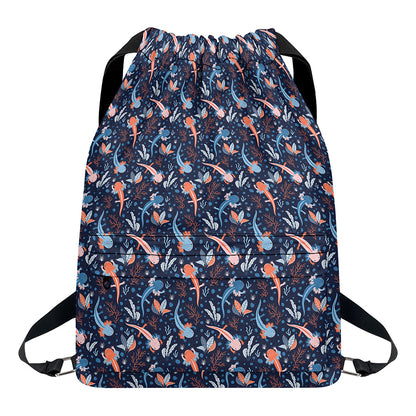 Blue Axolotl Pattern Print Drawstring Backpack