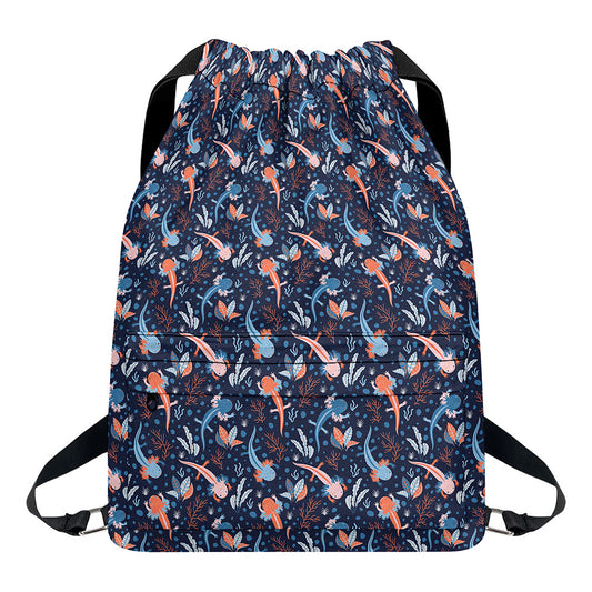 Blue Axolotl Pattern Print Drawstring Backpack