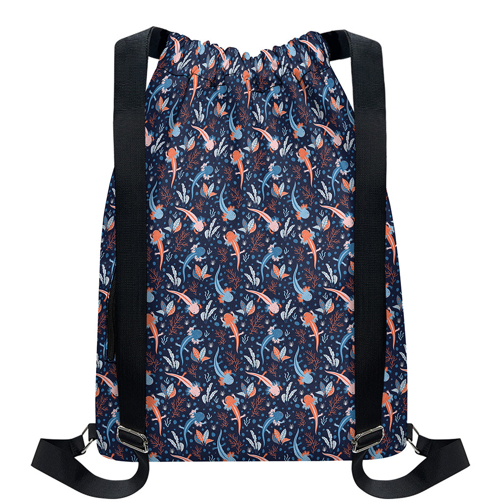 Blue Axolotl Pattern Print Drawstring Backpack