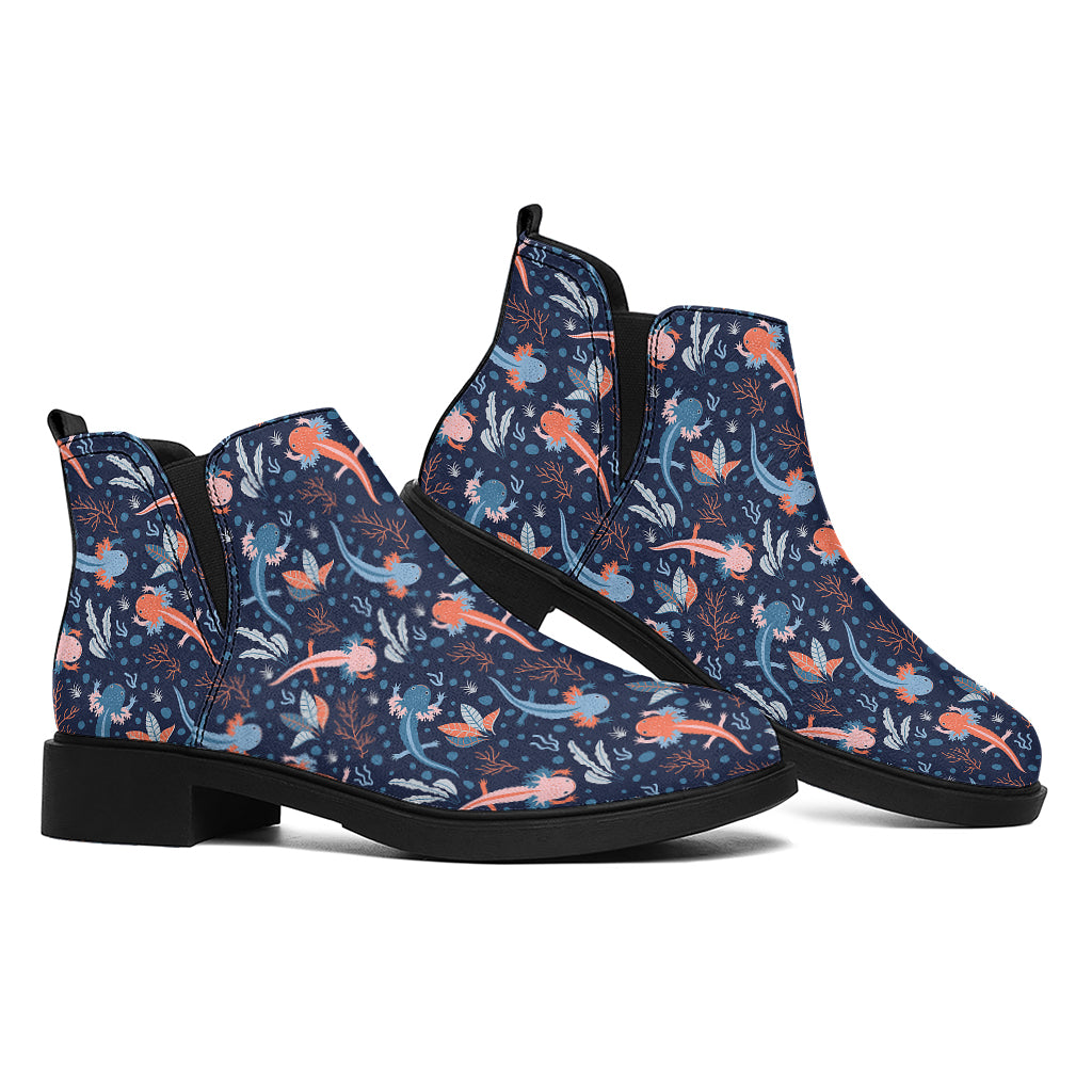 Blue Axolotl Pattern Print Flat Ankle Boots