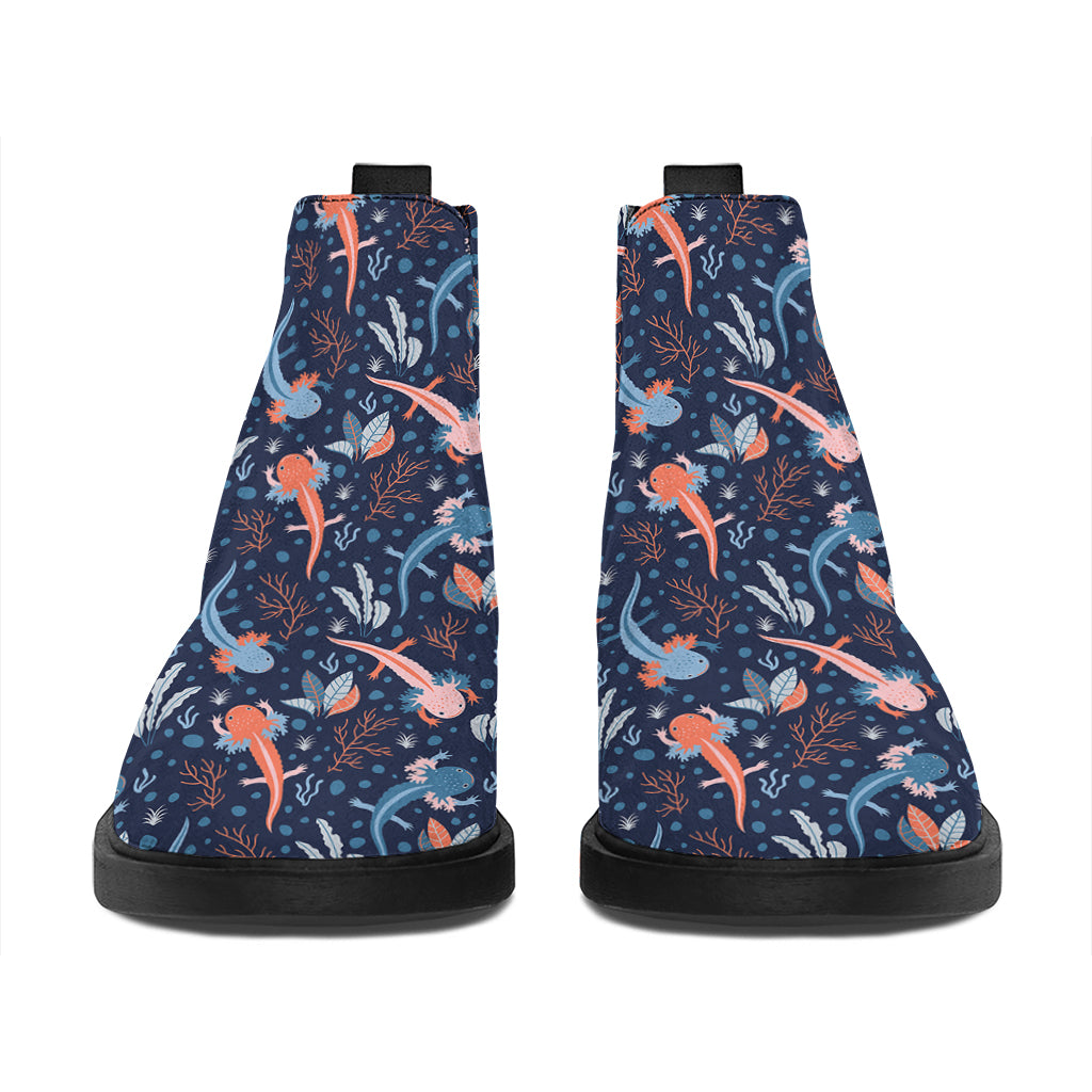 Blue Axolotl Pattern Print Flat Ankle Boots