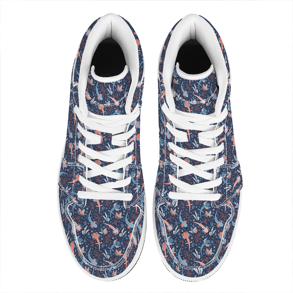 Blue Axolotl Pattern Print High Top Leather Sneakers