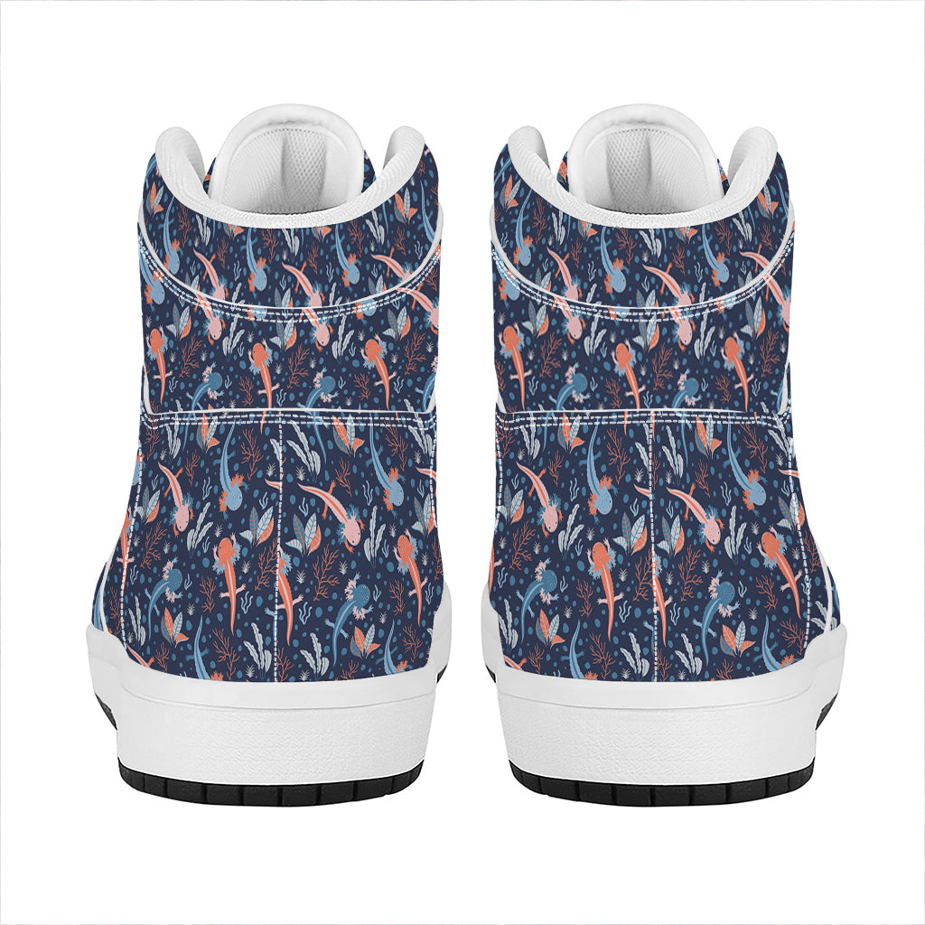 Blue Axolotl Pattern Print High Top Leather Sneakers