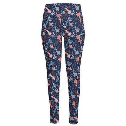 Blue Axolotl Pattern Print High-Waisted Pocket Leggings