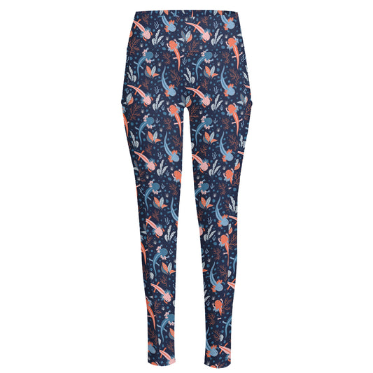 Blue Axolotl Pattern Print High-Waisted Pocket Leggings