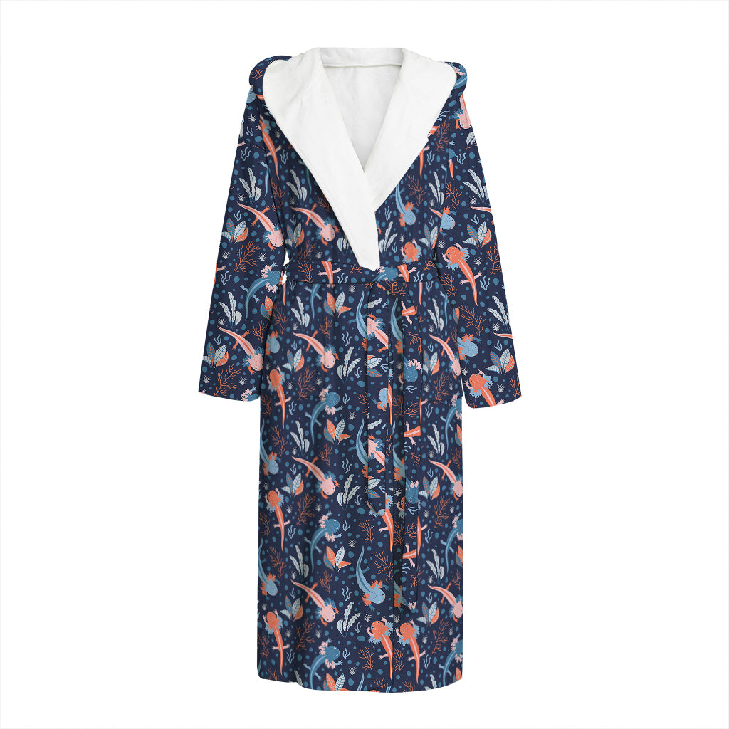 Blue Axolotl Pattern Print Hooded Bathrobe