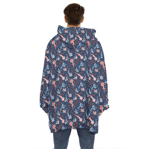 Blue Axolotl Pattern Print Hoodie Blanket