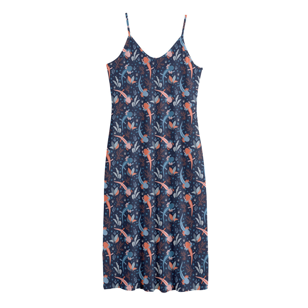 Blue Axolotl Pattern Print Jersey Midi Cami Dress