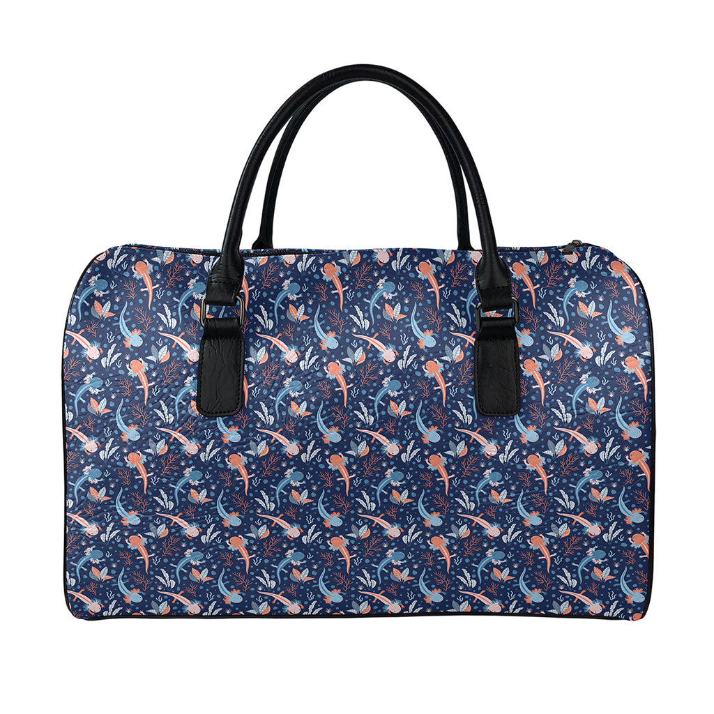 Blue Axolotl Pattern Print Leather Duffle Bag
