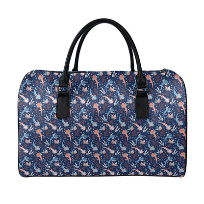 Blue Axolotl Pattern Print Leather Duffle Bag