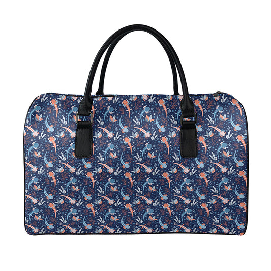 Blue Axolotl Pattern Print Leather Duffle Bag