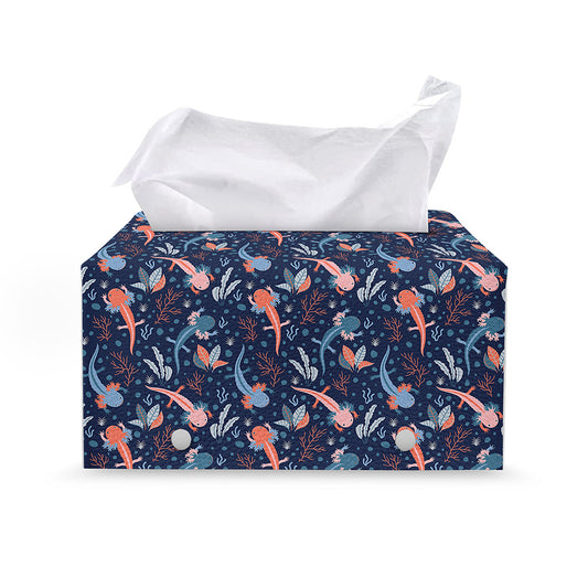 Blue Axolotl Pattern Print Leather Tissue Box Cover