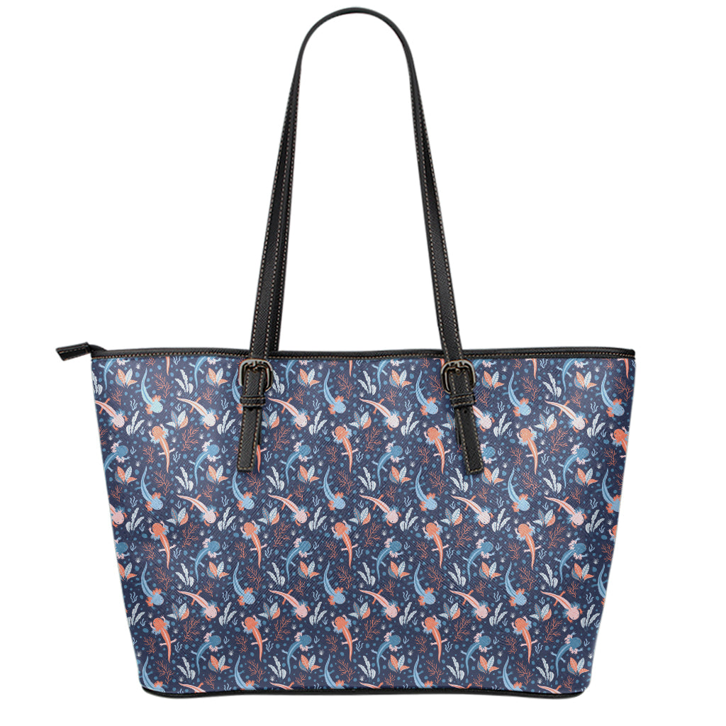 Blue Axolotl Pattern Print Leather Tote Bag