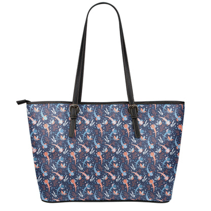 Blue Axolotl Pattern Print Leather Tote Bag