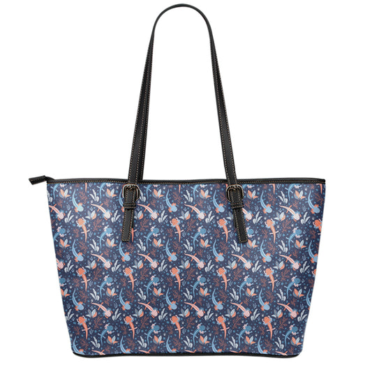 Blue Axolotl Pattern Print Leather Tote Bag