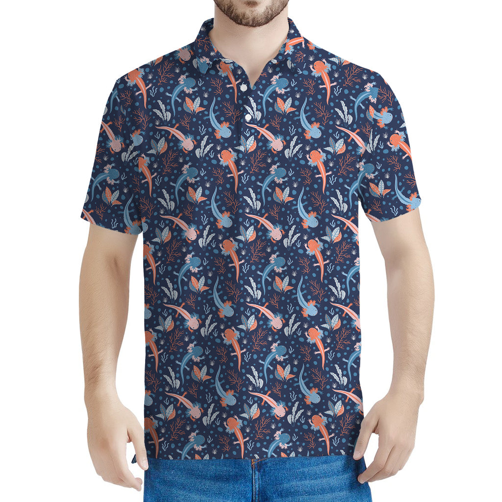 Blue Axolotl Pattern Print Men's Polo Shirt