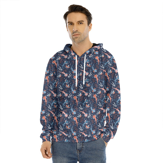 Blue Axolotl Pattern Print Men's Velvet Pullover Hoodie