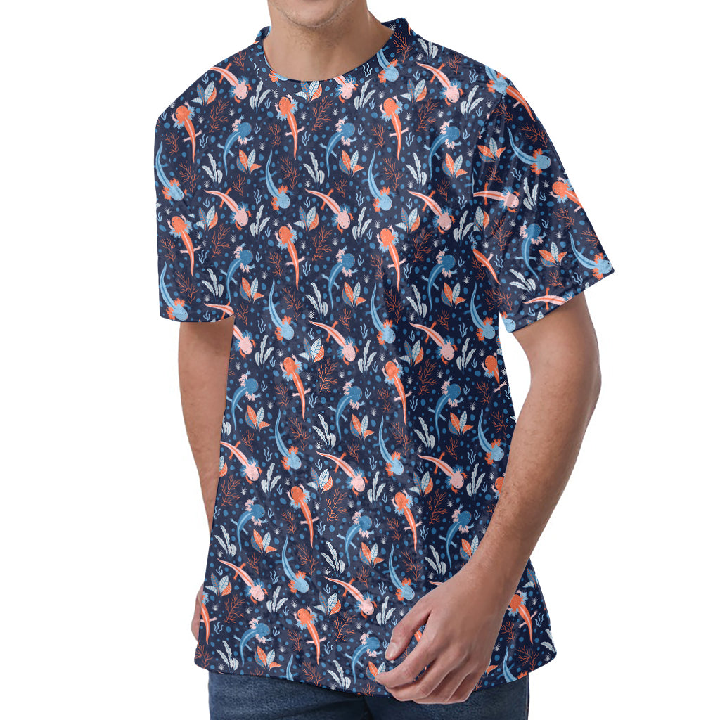 Blue Axolotl Pattern Print Men's Velvet T-Shirt