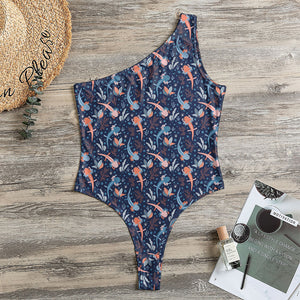 Blue Axolotl Pattern Print One Shoulder Bodysuit