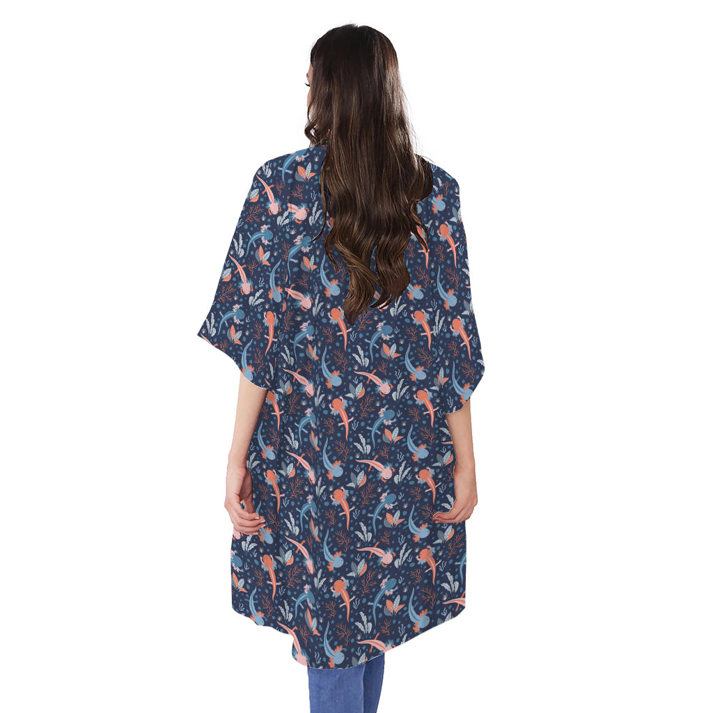 Blue Axolotl Pattern Print Open Front Beach Cover Up