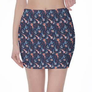 Blue Axolotl Pattern Print Pencil Mini Skirt