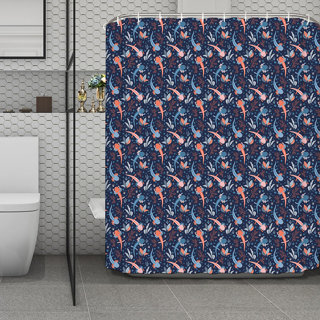 Blue Axolotl Pattern Print Polyester Shower Curtain