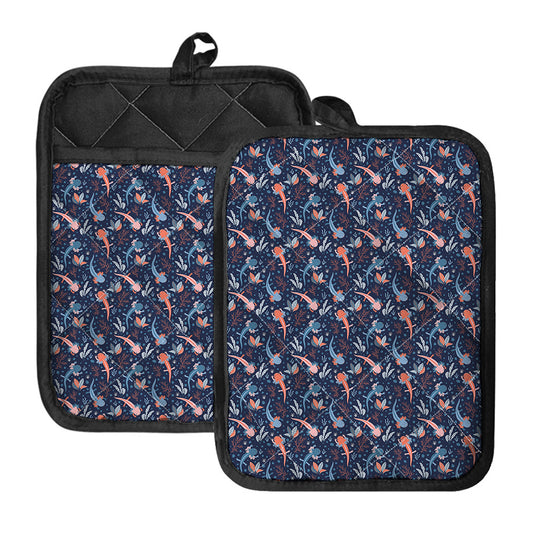 Blue Axolotl Pattern Print Pot Holders With Pocket