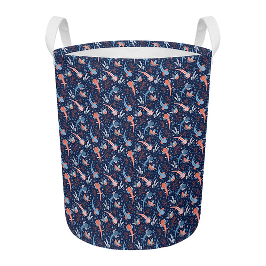 Blue Axolotl Pattern Print Round Laundry Basket