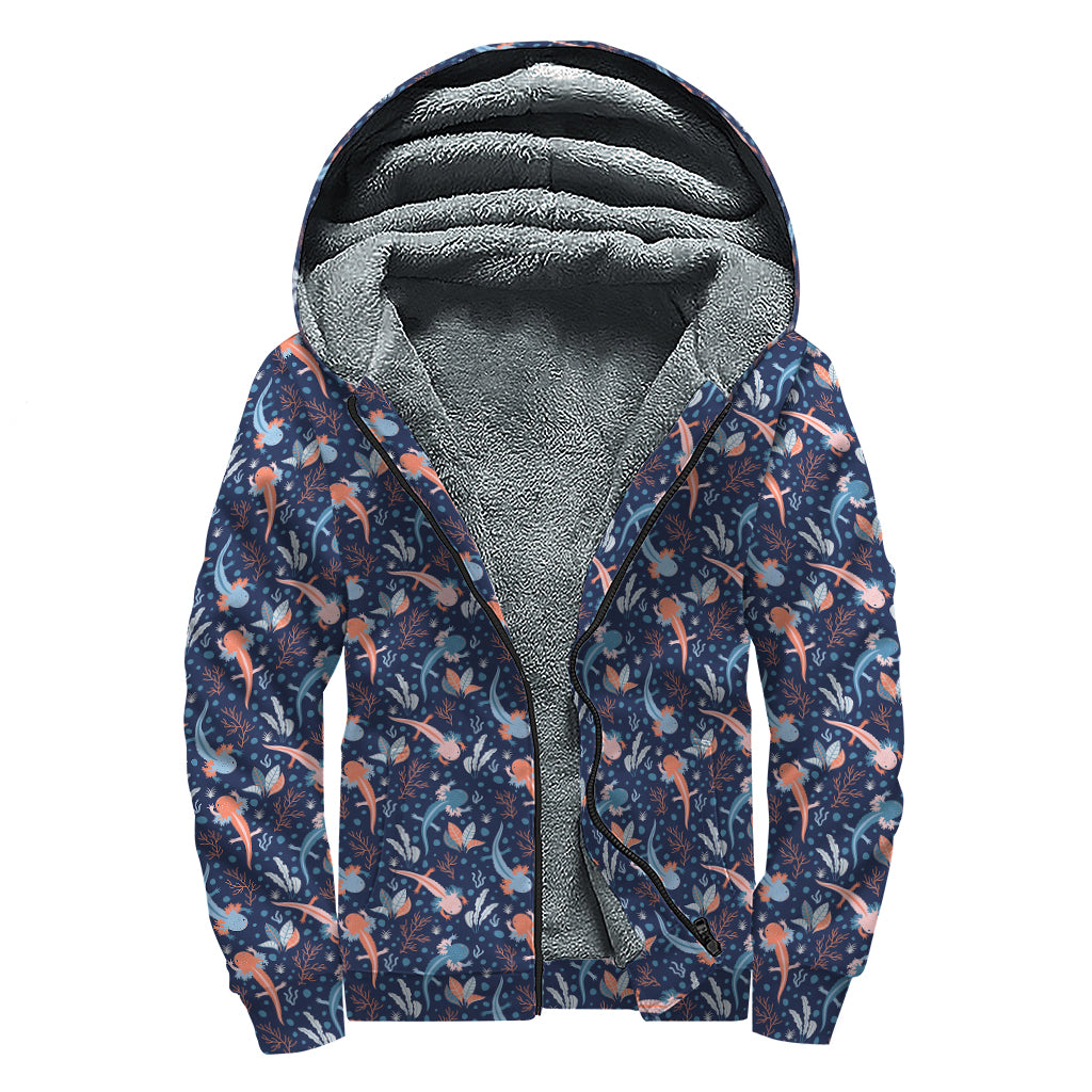 Blue Axolotl Pattern Print Sherpa Lined Zip Up Hoodie