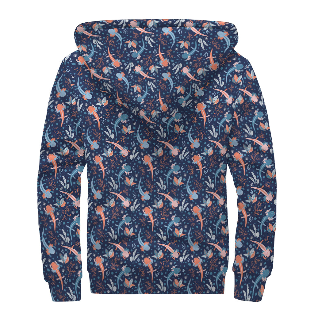 Blue Axolotl Pattern Print Sherpa Lined Zip Up Hoodie