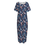 Blue Axolotl Pattern Print Short Sleeve Long Nightdress