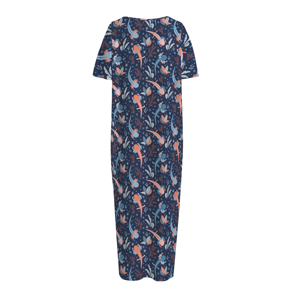 Blue Axolotl Pattern Print Short Sleeve Long Nightdress