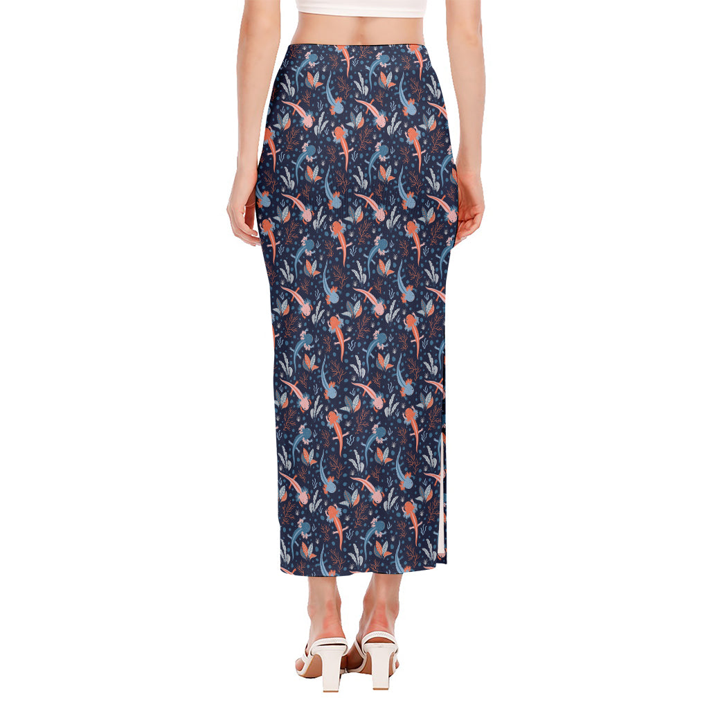 Blue Axolotl Pattern Print Side Slit Maxi Skirt