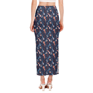 Blue Axolotl Pattern Print Side Slit Maxi Skirt